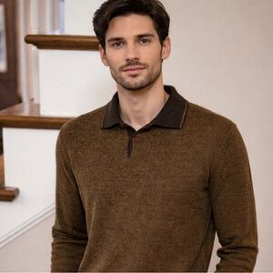 Lubiam M V-Neck Wool Blend Sweater in Rich Brown and caramel